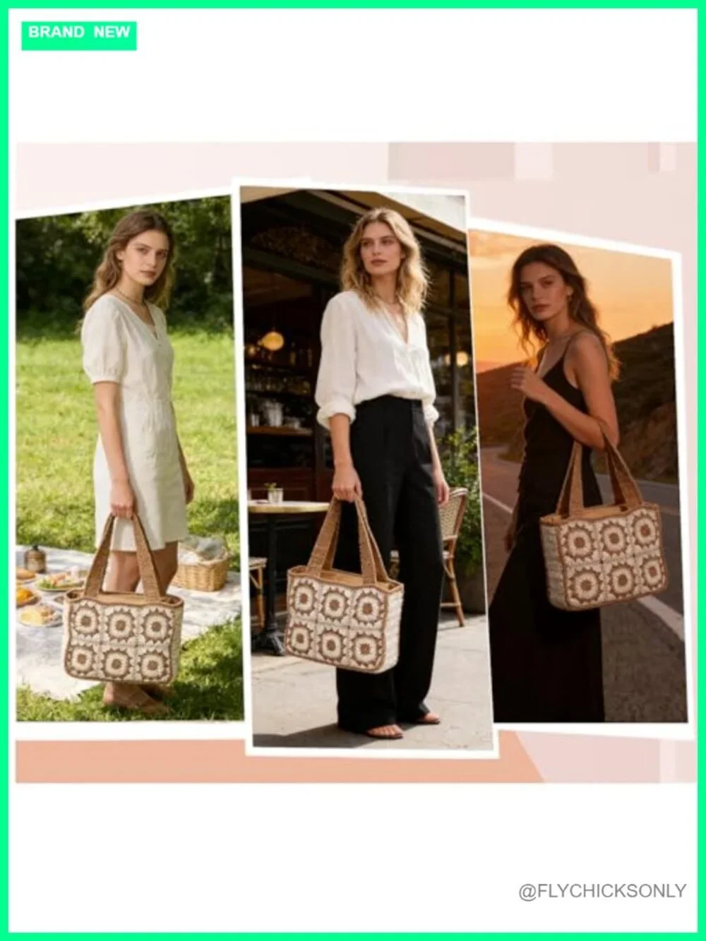 Crochet Beach Bag Straw Tote Floral Woven Shoulder Hobo Purse